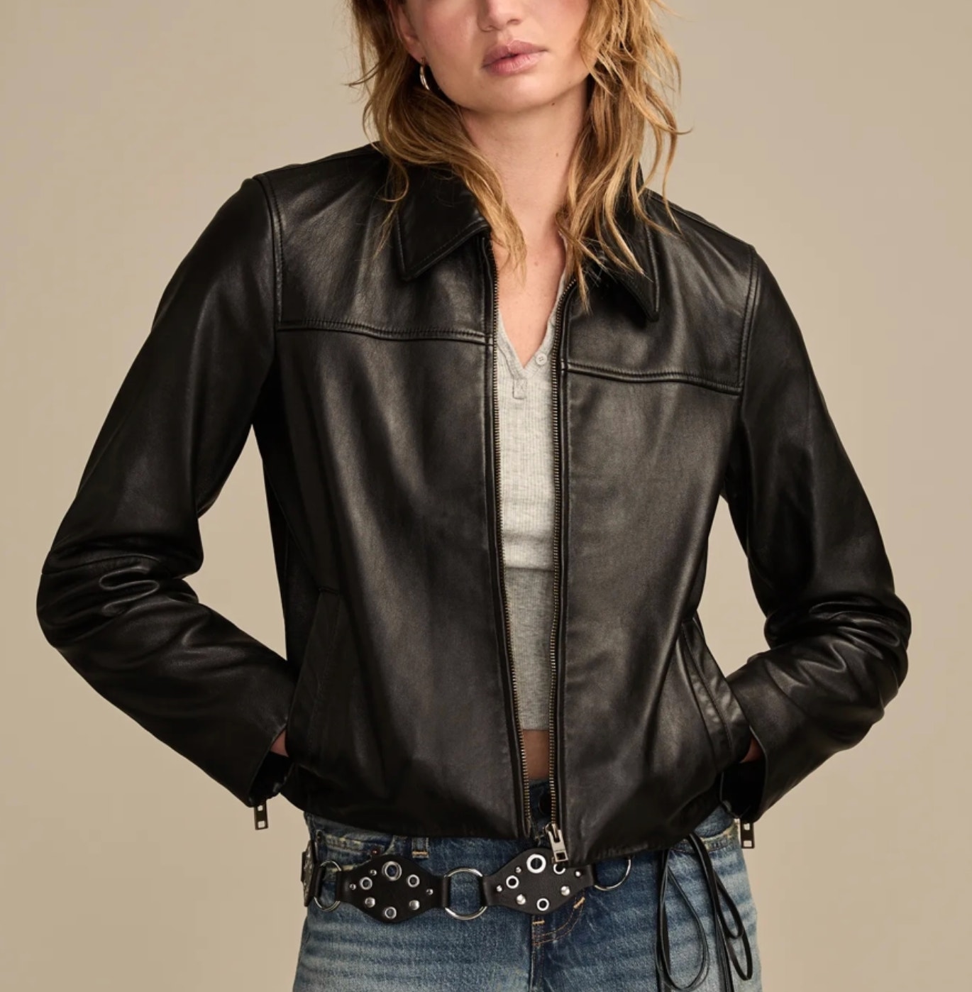 Lucky Brand Black Zip Up Jacket Lambskin Leather Renwick Collared L Large New